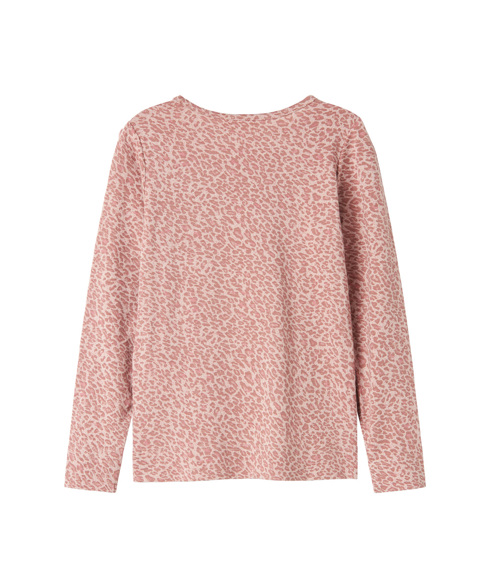 Lyserød leopardmønstret bluse med lange ærmer og flæser til børn