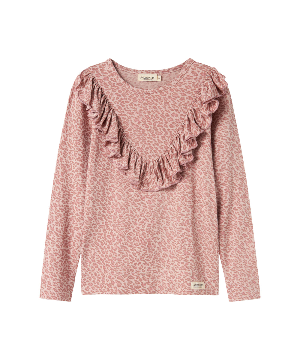 Lyserød leopardmønstret bluse med lange ærmer og flæser til børn