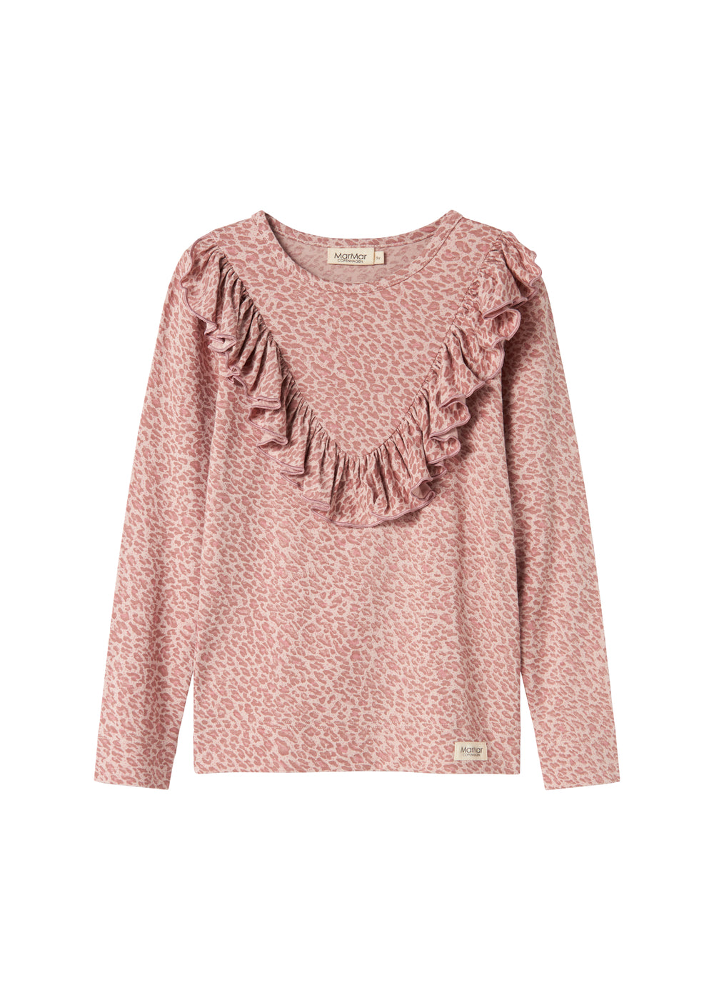 Lyserød leopardmønstret bluse med lange ærmer og flæser til børn