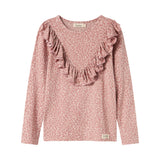 Lyserød leopardmønstret bluse med lange ærmer og flæser til børn
