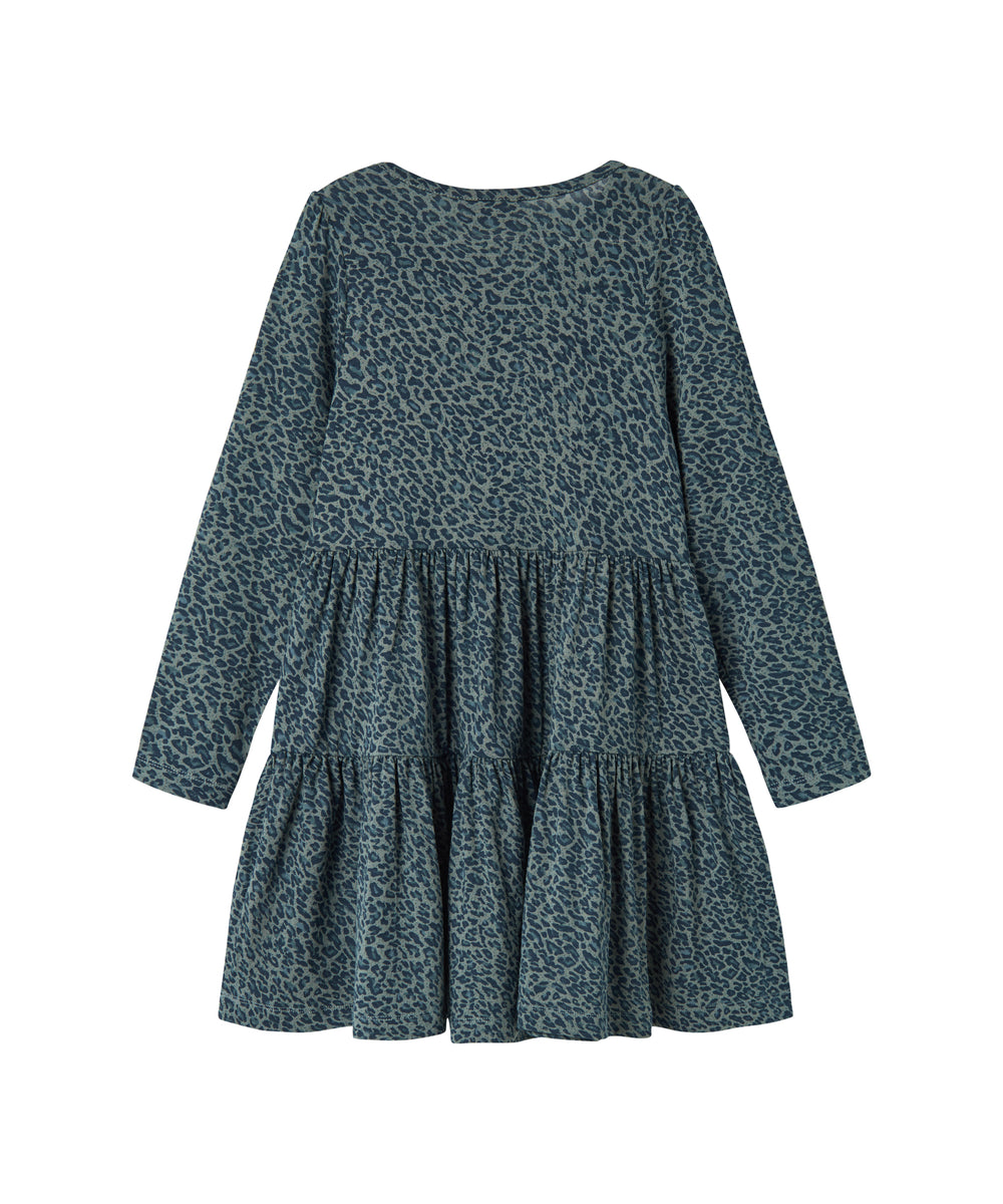 Grøn leopardmønstret kjole med lange ærmer til børn