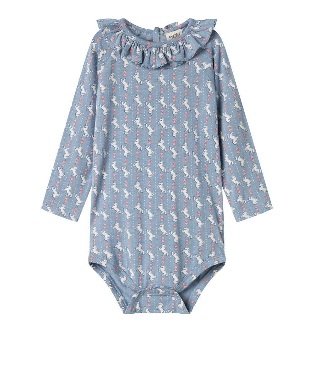 Blå langærmet body til baby med enhjørningemønster og flæsekrave