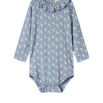 Blå langærmet body til baby med enhjørningemønster og flæsekrave