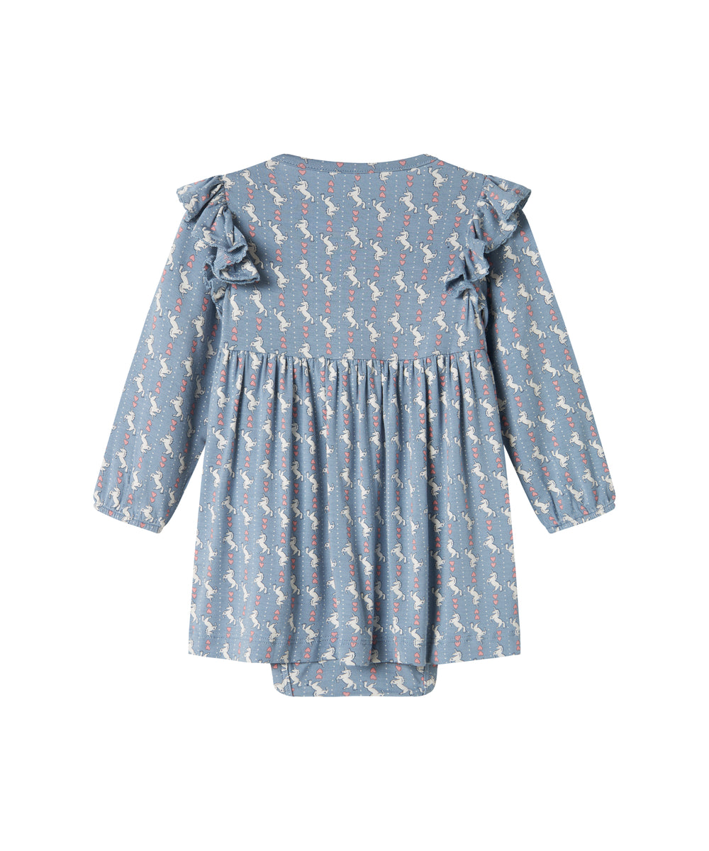 Blå kjole-body til baby med enhjørningemønster og flæser på skuldrene