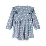 Blå kjole-body til baby med enhjørningemønster og flæser på skuldrene