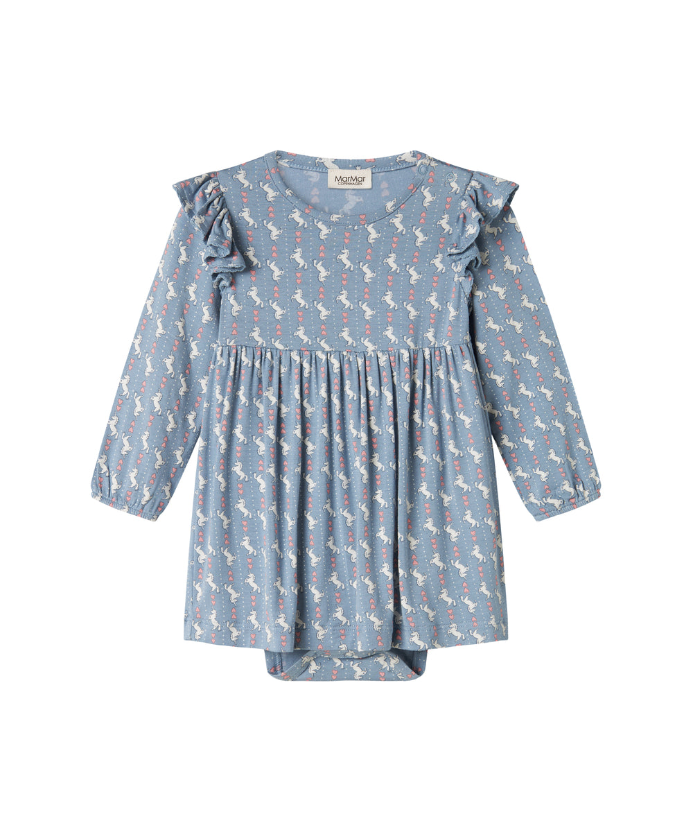 Blå kjole-body til baby med enhjørningemønster og flæser på skuldrene