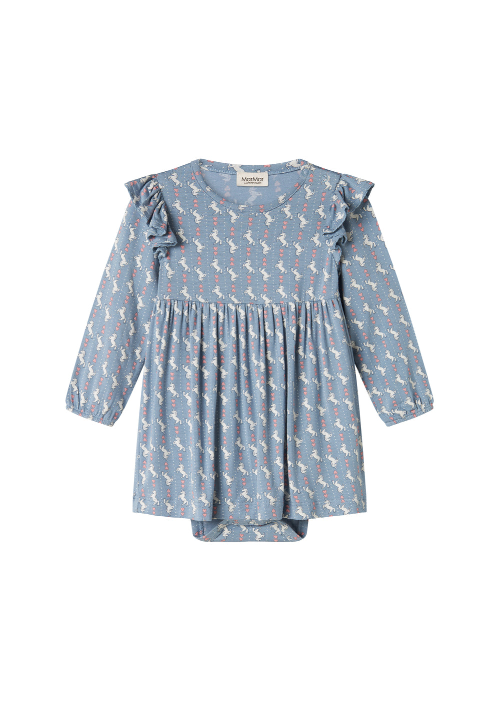 Blå kjole-body til baby med enhjørningemønster og flæser på skuldrene