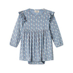 Blå kjole-body til baby med enhjørningemønster og flæser på skuldrene