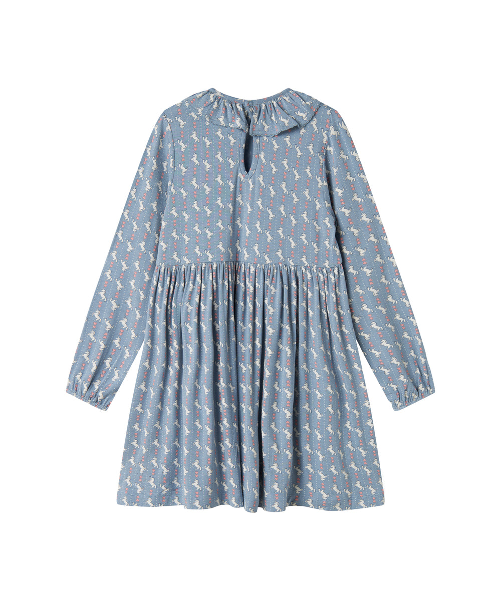 Blå kjole til børn med enhjørningemønster og flæsekrave