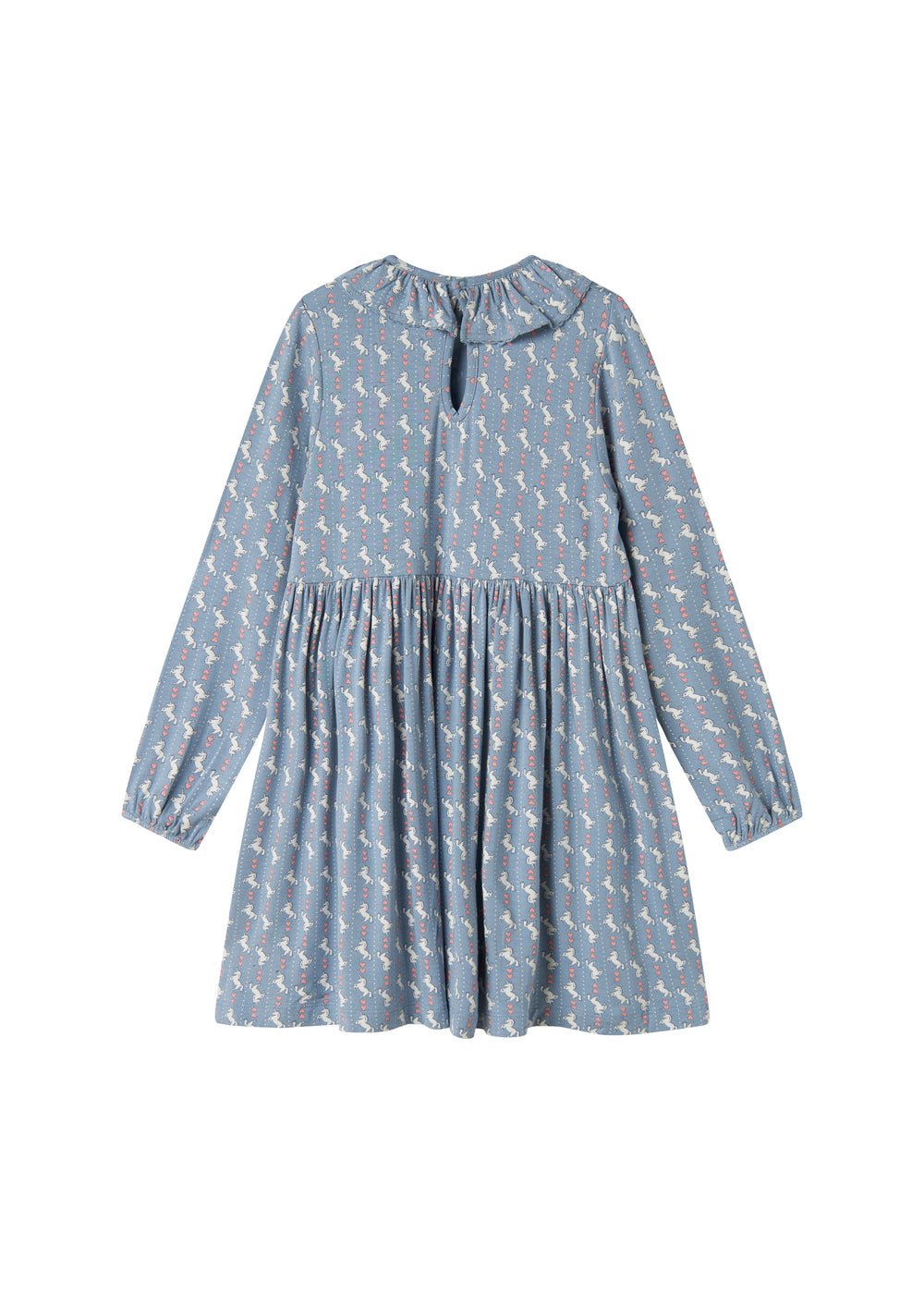 Blå kjole til børn med enhjørningemønster og flæsekrave