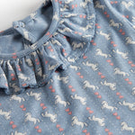 Blå kjole til børn med enhjørningemønster og flæsekrave