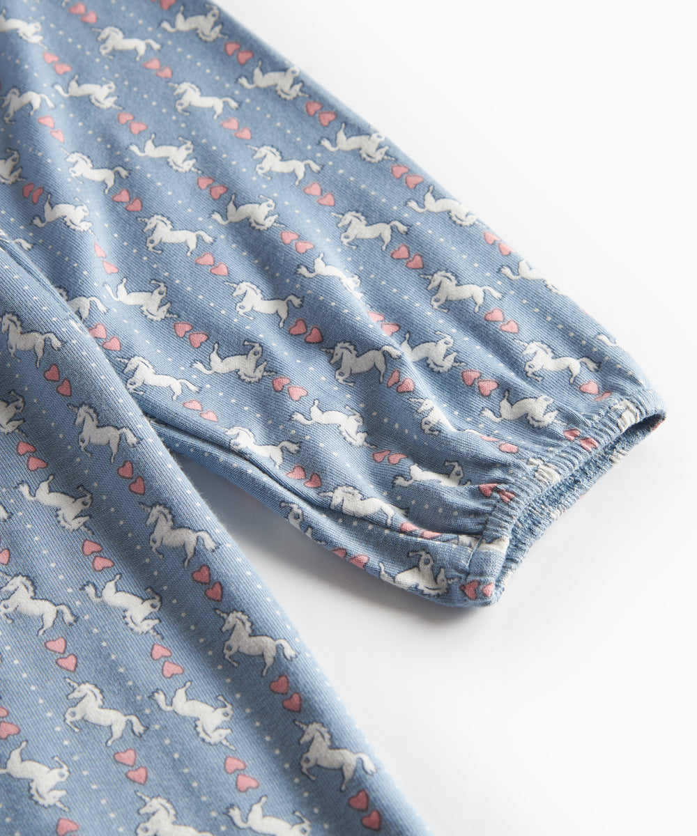 Blå kjole til børn med enhjørningemønster og flæsekrave