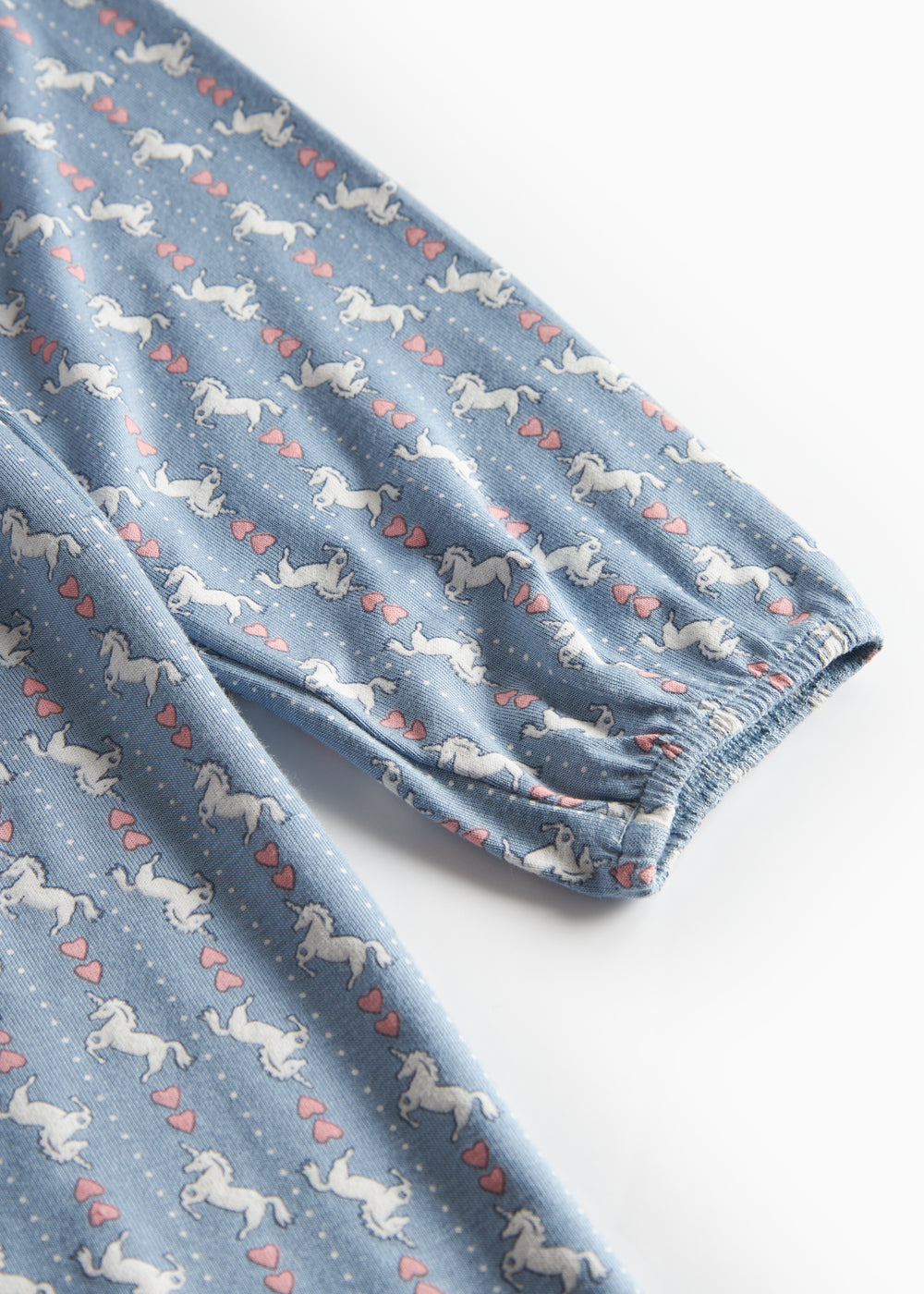 Blå kjole til børn med enhjørningemønster og flæsekrave