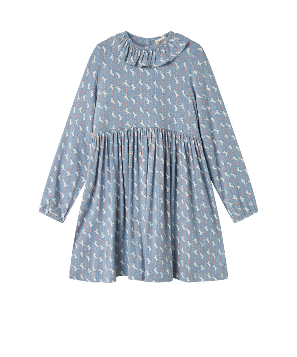 Blå kjole til børn med enhjørningemønster og flæsekrave
