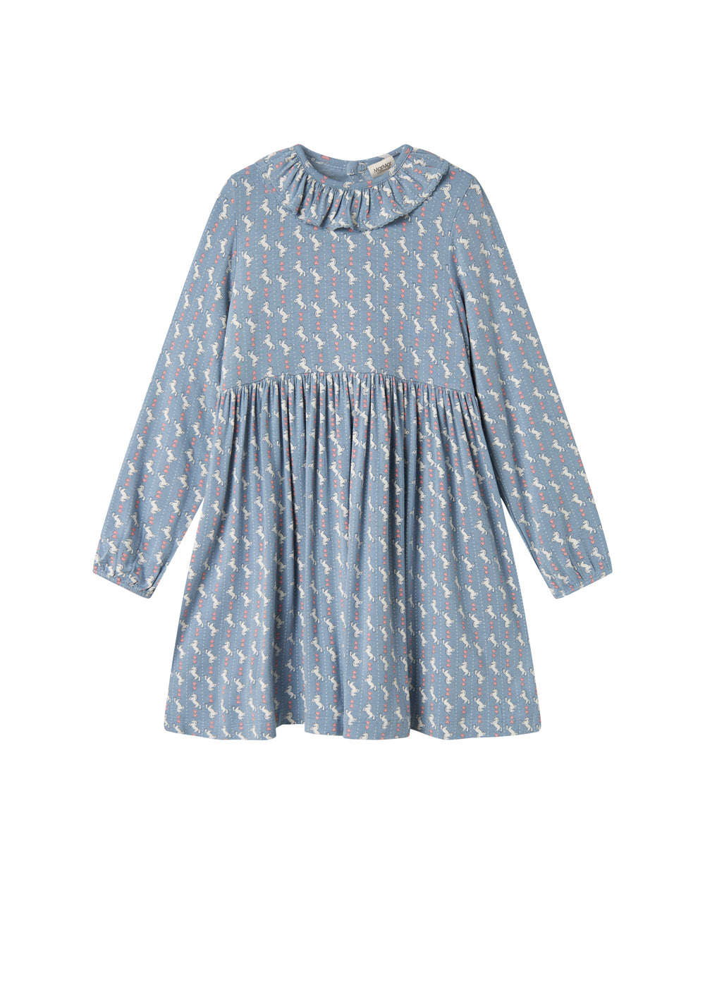 Blå kjole til børn med enhjørningemønster og flæsekrave