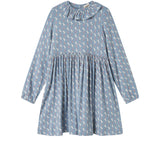 Blå kjole til børn med enhjørningemønster og flæsekrave