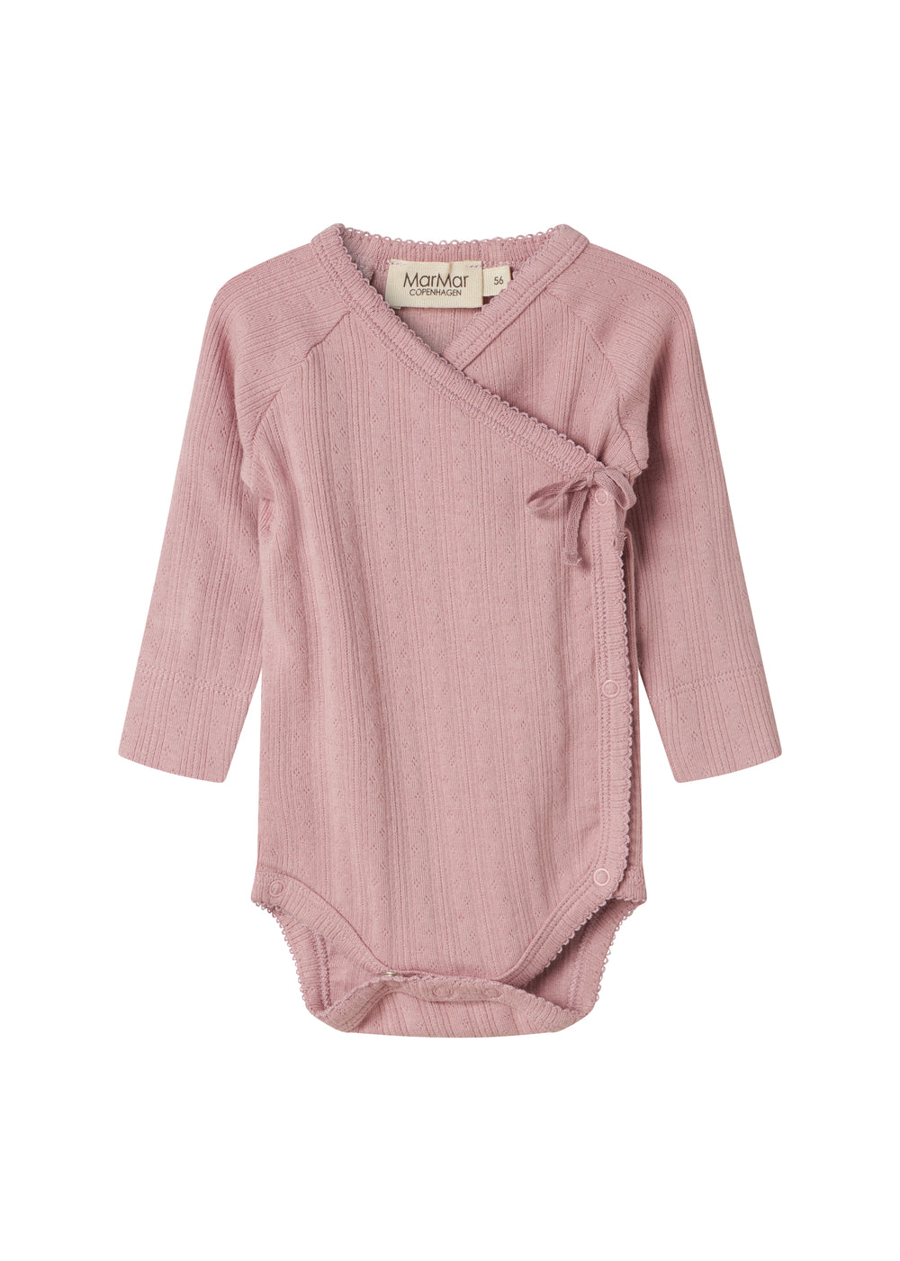 Rosa pointelle slå-om body til baby med lange ærmer og bindebånd