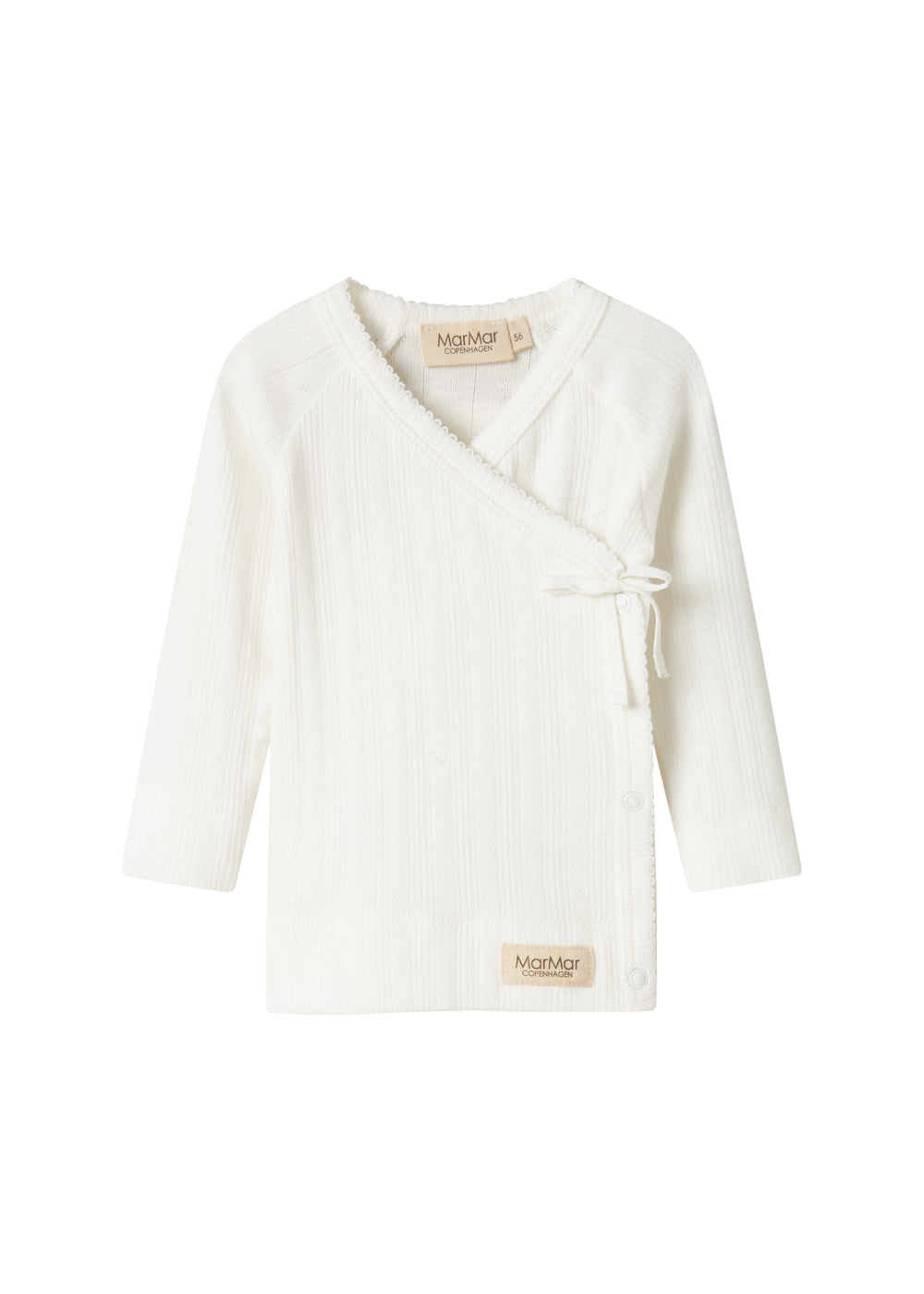 Hvid pointelle slå-om bluse til baby med lange ærmer