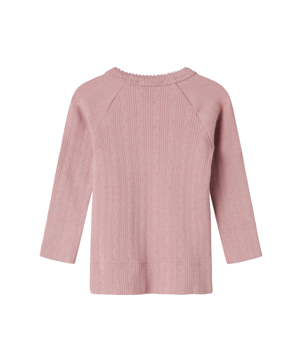 Rosa pointelle slå-om bluse til baby med lange ærmer og bindebånd