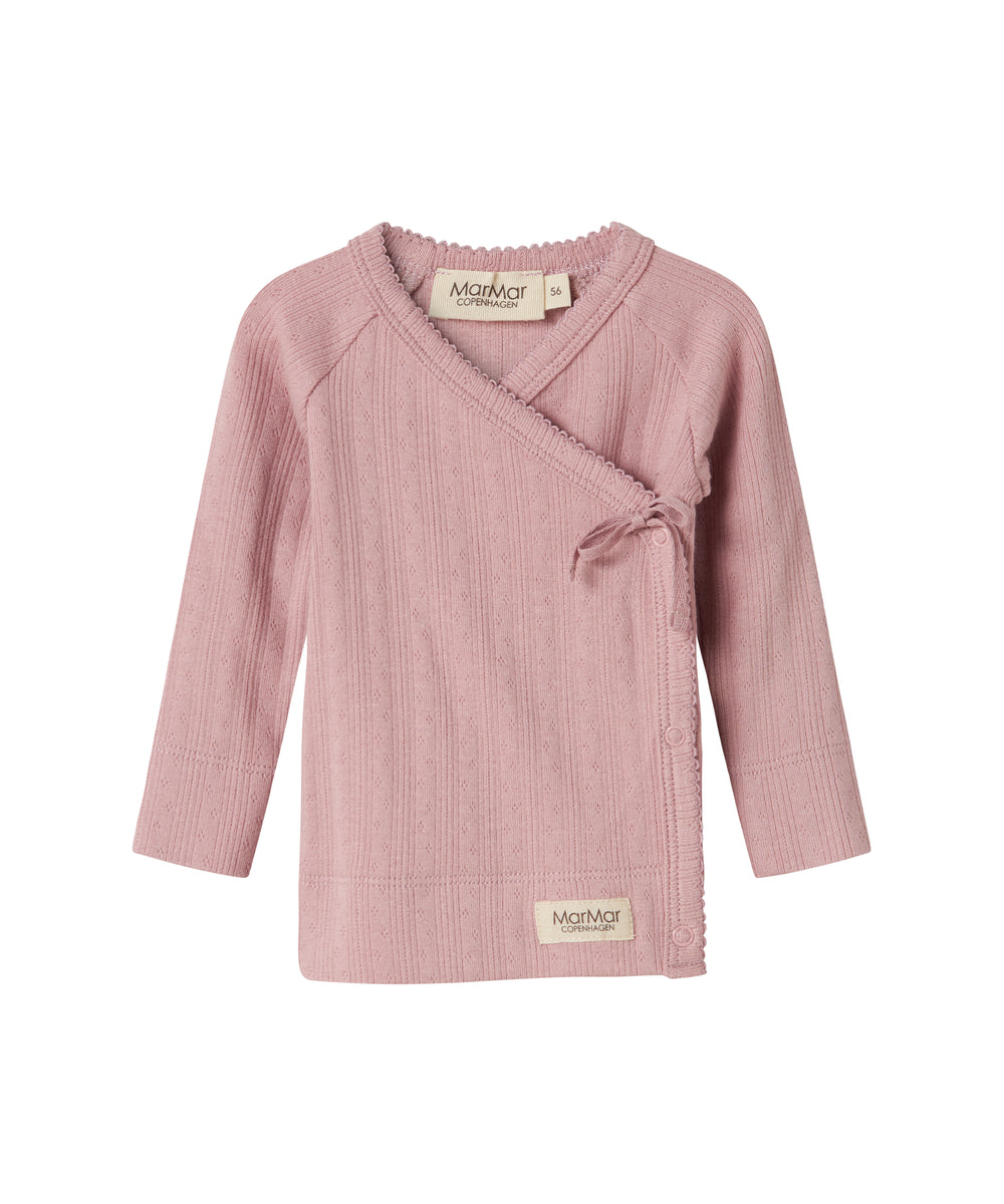 Rosa pointelle slå-om bluse til baby med lange ærmer og bindebånd