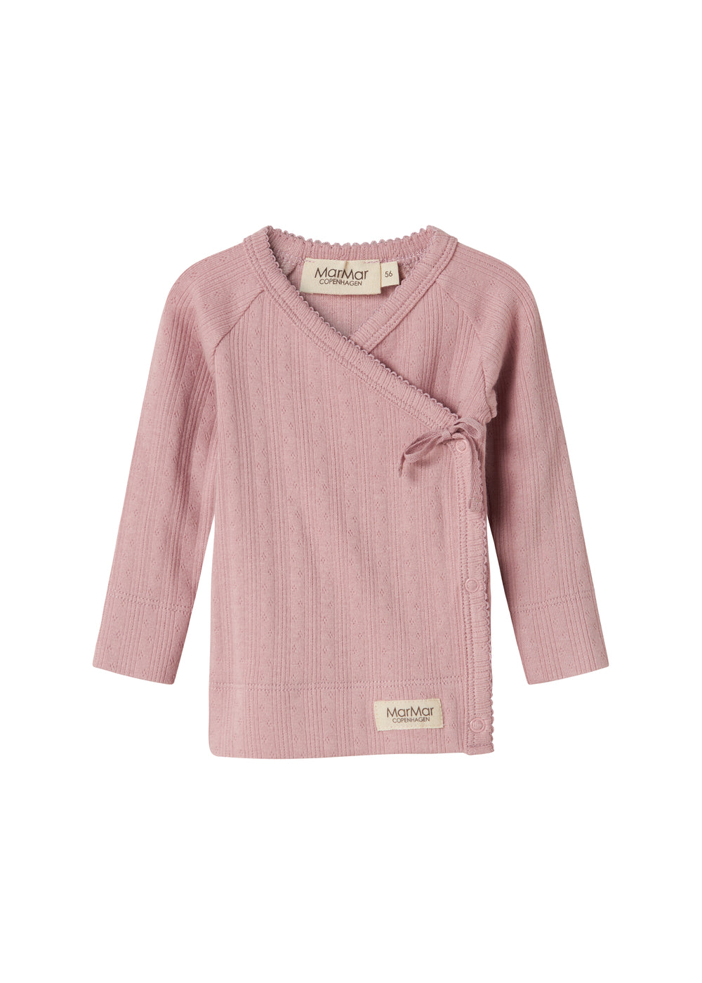 Rosa pointelle slå-om bluse til baby med lange ærmer og bindebånd