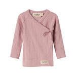 Rosa pointelle slå-om bluse til baby med lange ærmer og bindebånd
