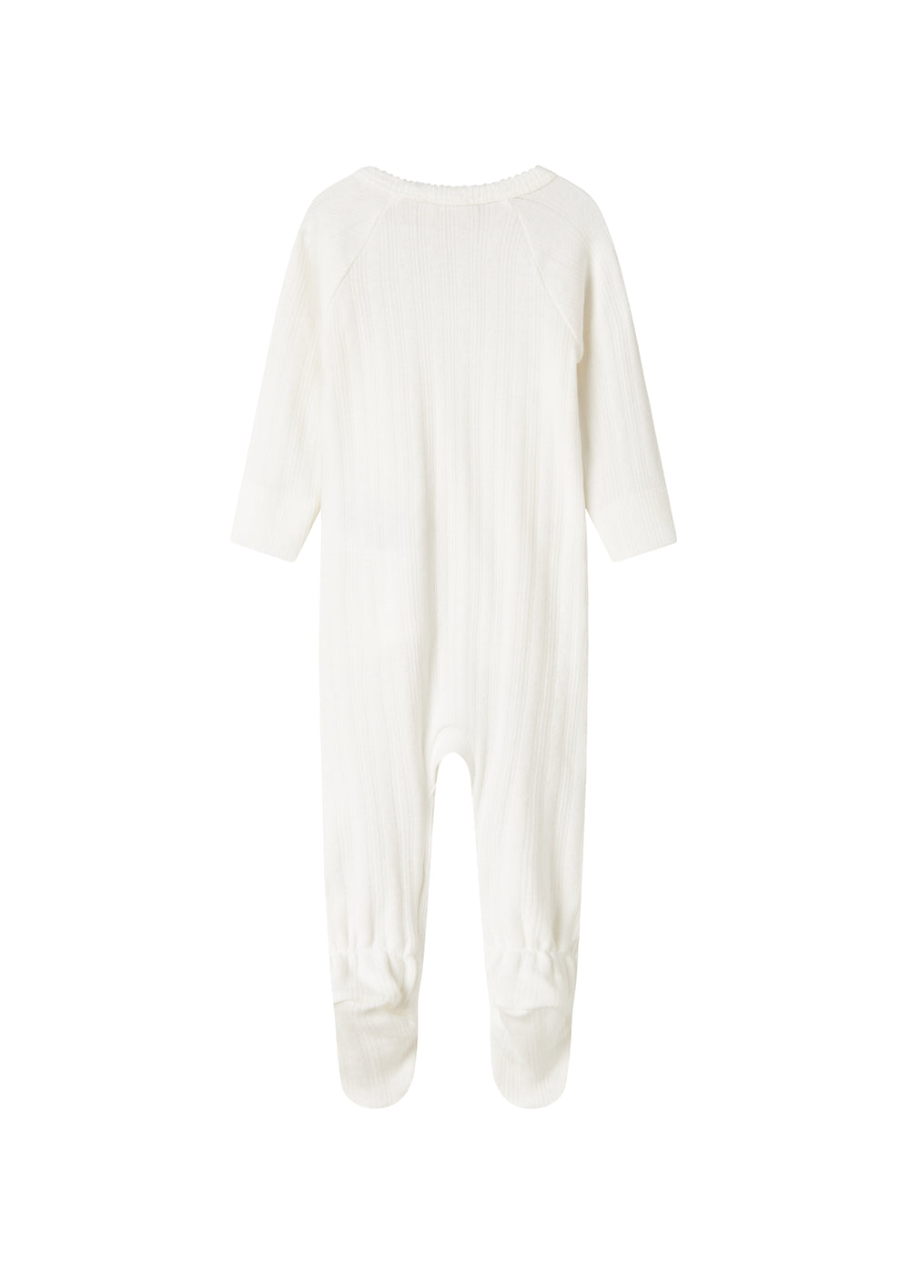 Hvid pointelle heldragt til baby med fødder og slå-om lukning