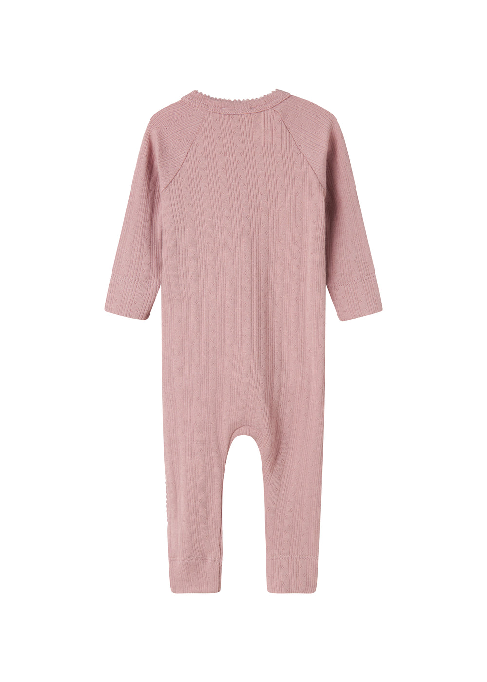 Rosa pointelle heldragt til baby med lange ærmer og slå-om lukning