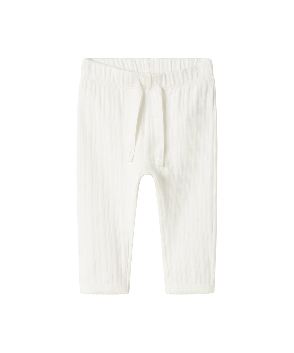 Hvide pointelle bukser til børn med bindebånd og ribkanter