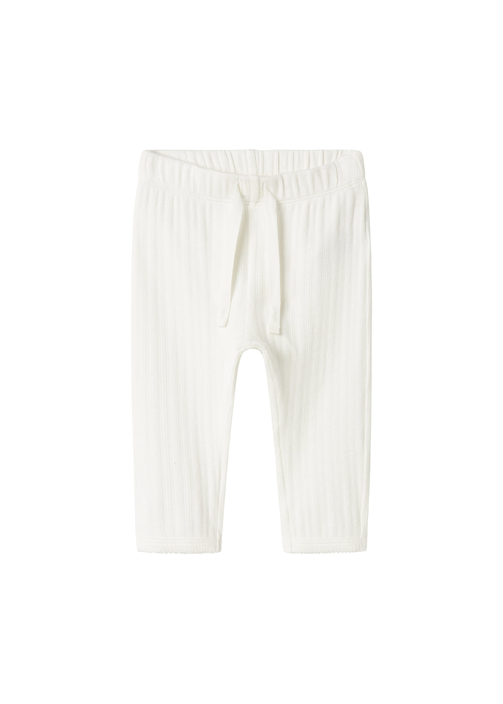 Hvide pointelle bukser til børn med bindebånd og ribkanter