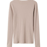 Beige ribstrikket t-shirt til dame med lange ærmer