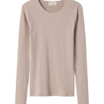 Beige ribstrikket t-shirt til dame med lange ærmer