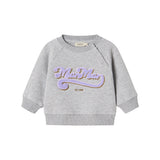 Grå sweatshirt til børn med lilla og guld broderet logo foran