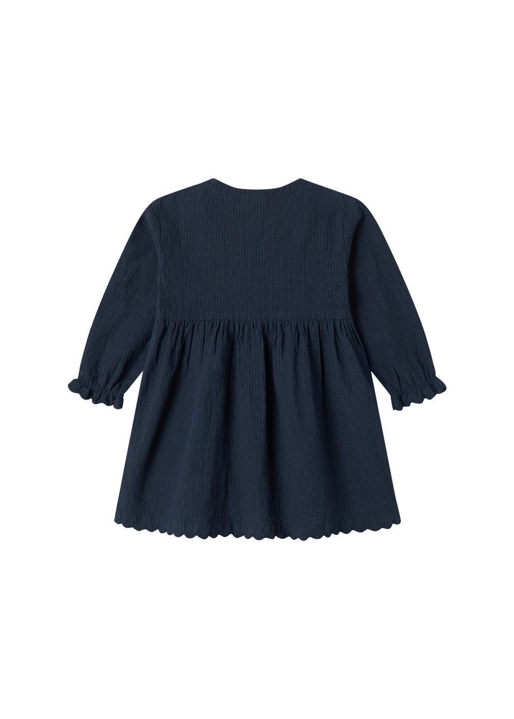 Mørkeblå kjole til børn set bagfra med rynket talje