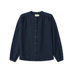 Mørkeblå bluse til kvinder med lange ærmer og knapper