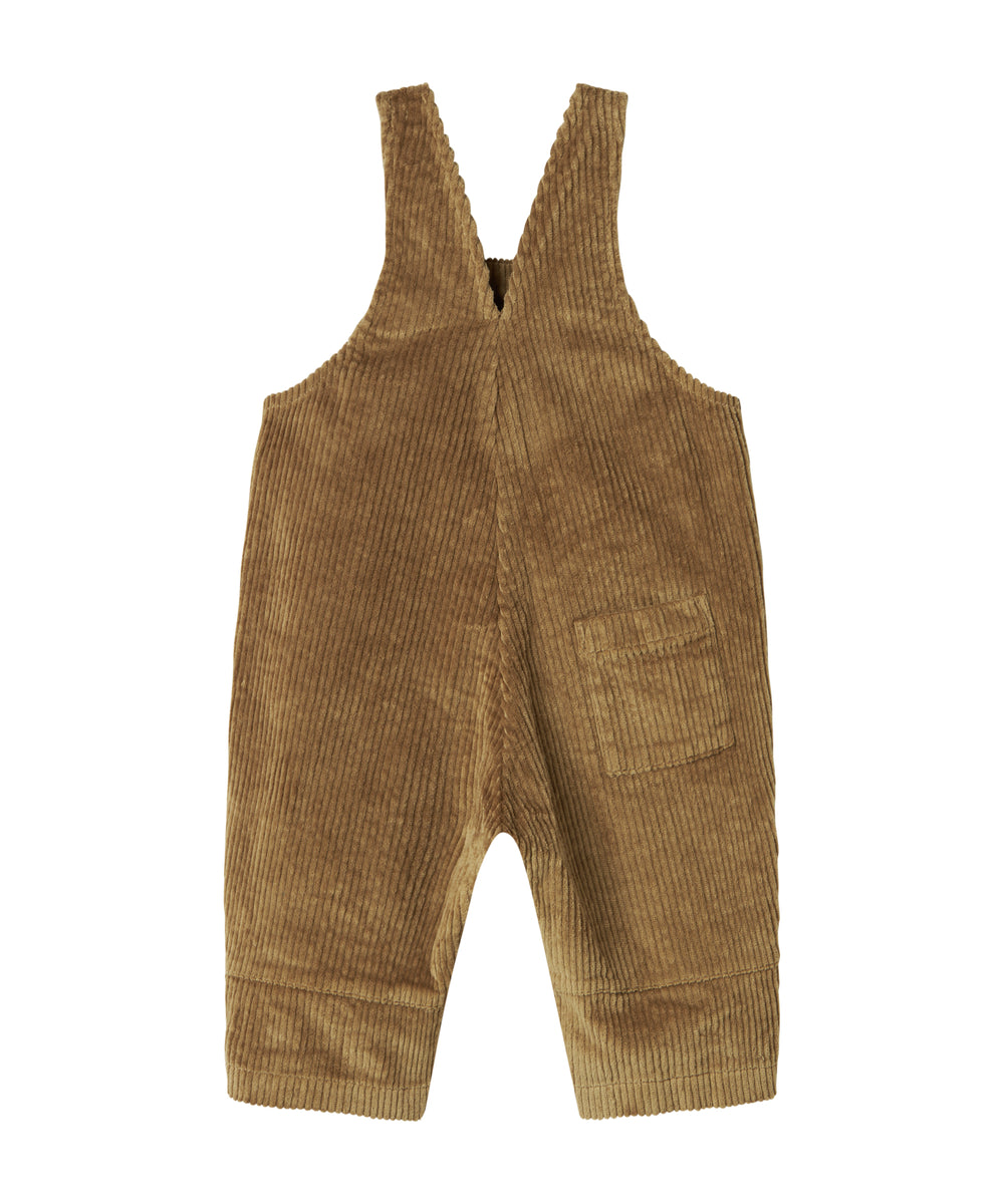 Brun fløjlsoverall til børn med knapper på selerne
