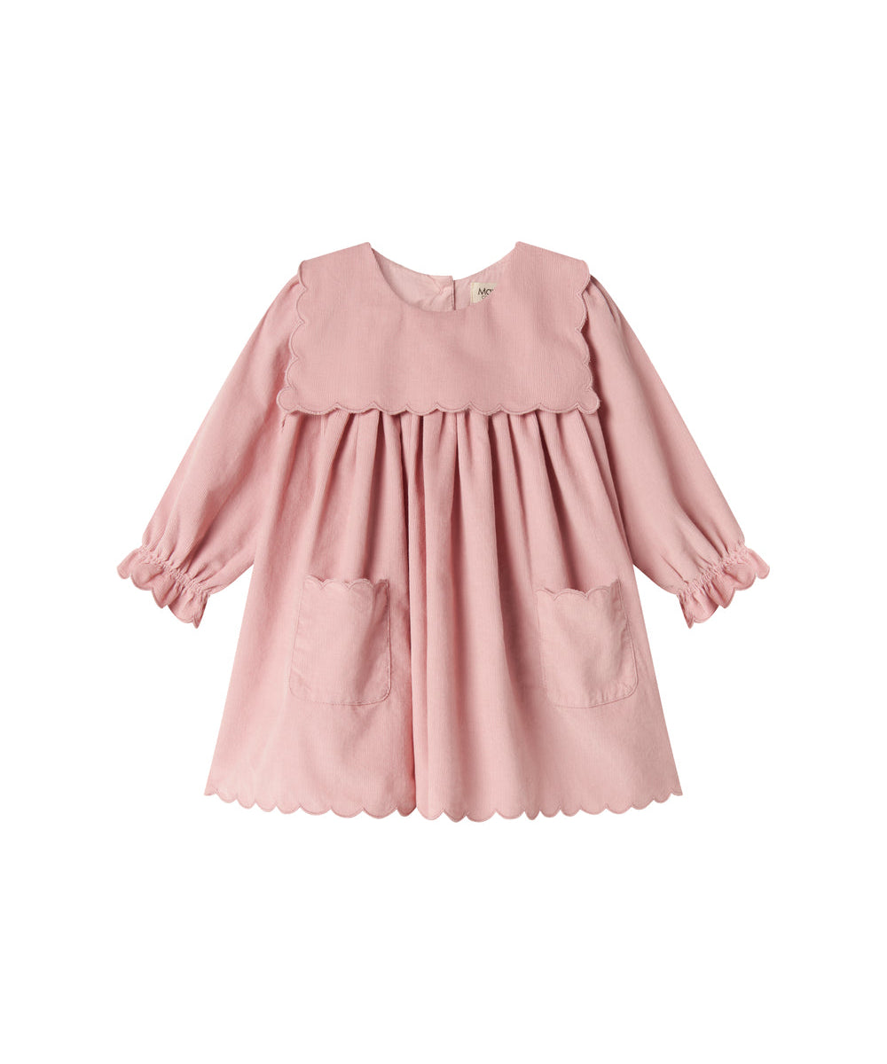 Lyserød babyfløjlskjole med lange ærmer, bølgekant og lommer til børn