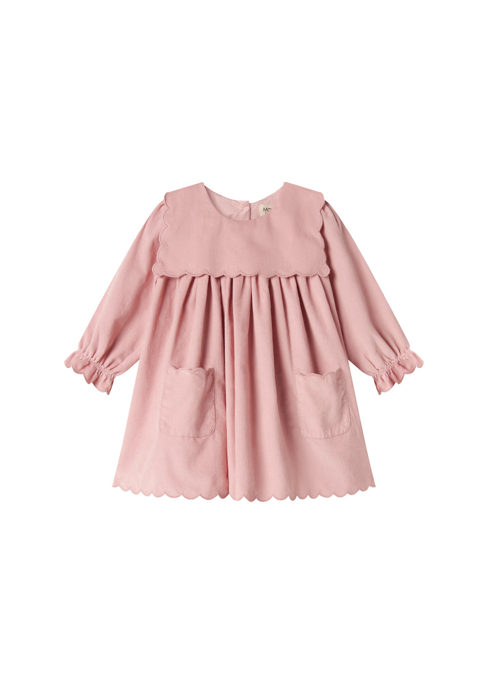 Lyserød babyfløjlskjole med lange ærmer, bølgekant og lommer til børn