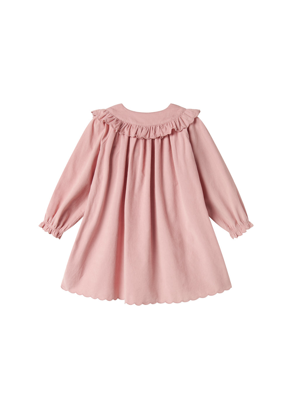 Lyserød babyfløjlskjole med lange ærmer, flæser og bølgekant til børn