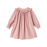 Lyserød babyfløjlskjole med lange ærmer, flæser og bølgekant til børn