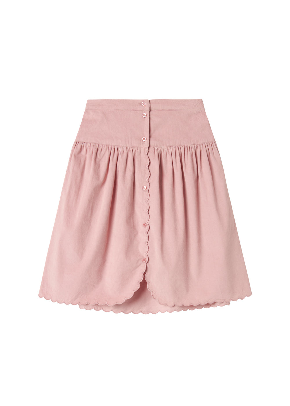 Lyserød nederdel i babyfløjl med knapper og bølgekant til børn