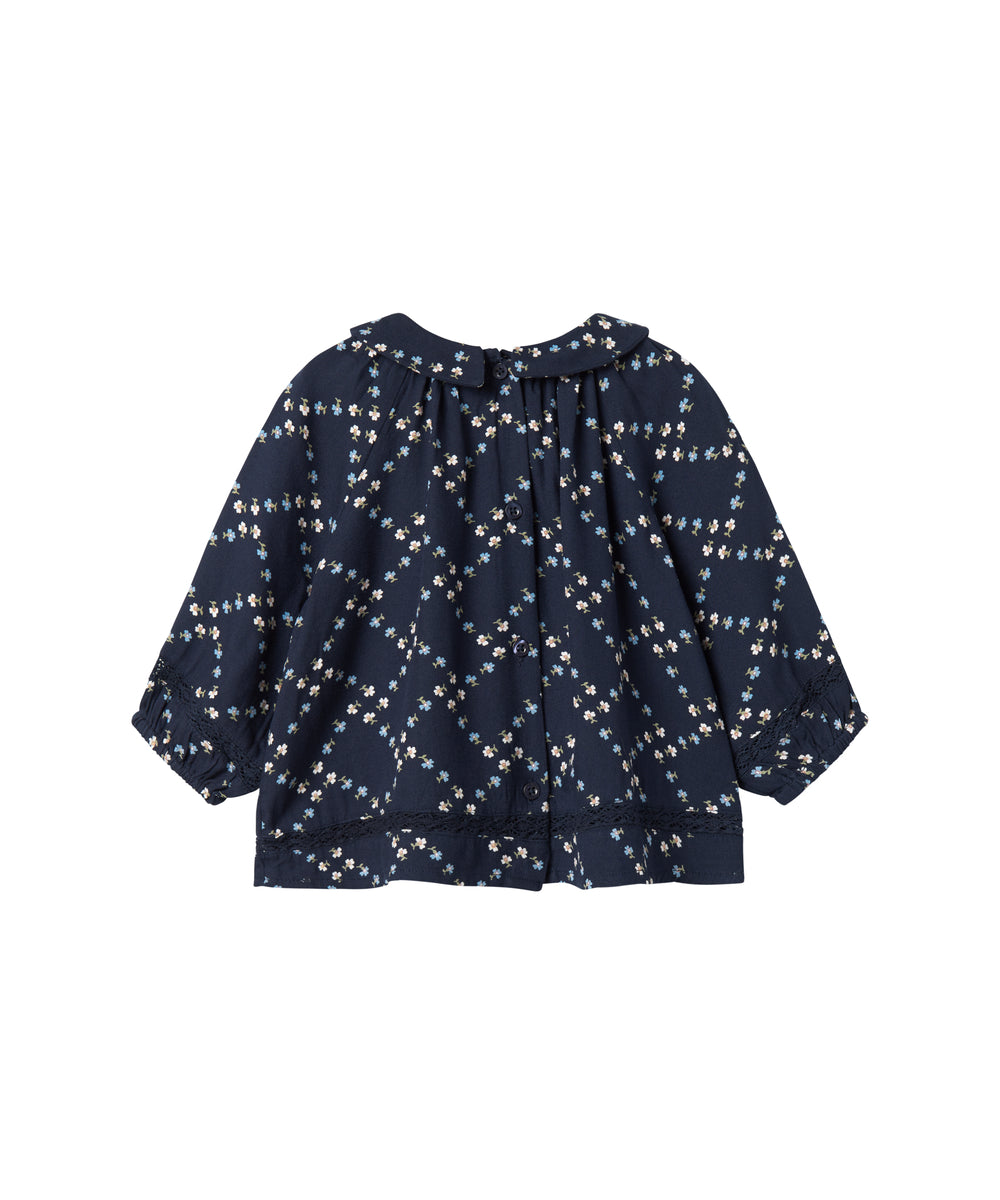 Mørkeblå blomstermønstret bluse til baby med lange ærmer