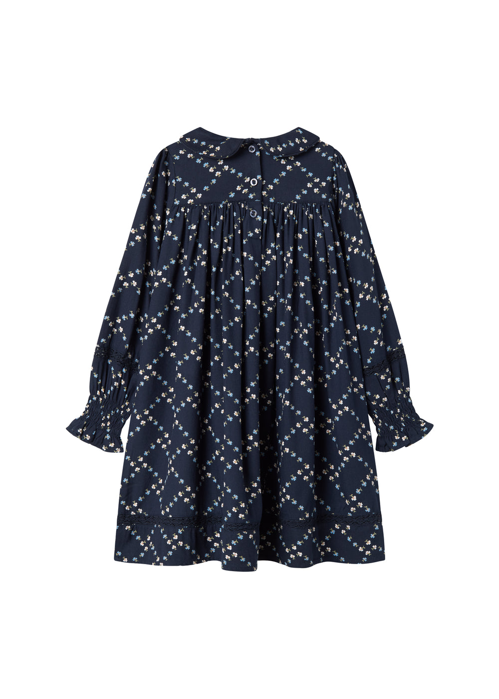 Mørkeblå blomstermønstret kjole til børn med lange ærmer