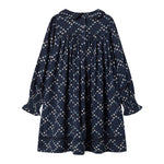 Mørkeblå blomstermønstret kjole til børn med lange ærmer