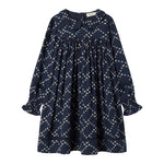 Mørkeblå blomstermønstret kjole til børn med lange ærmer