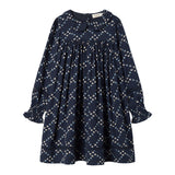 Mørkeblå blomstermønstret kjole til børn med lange ærmer