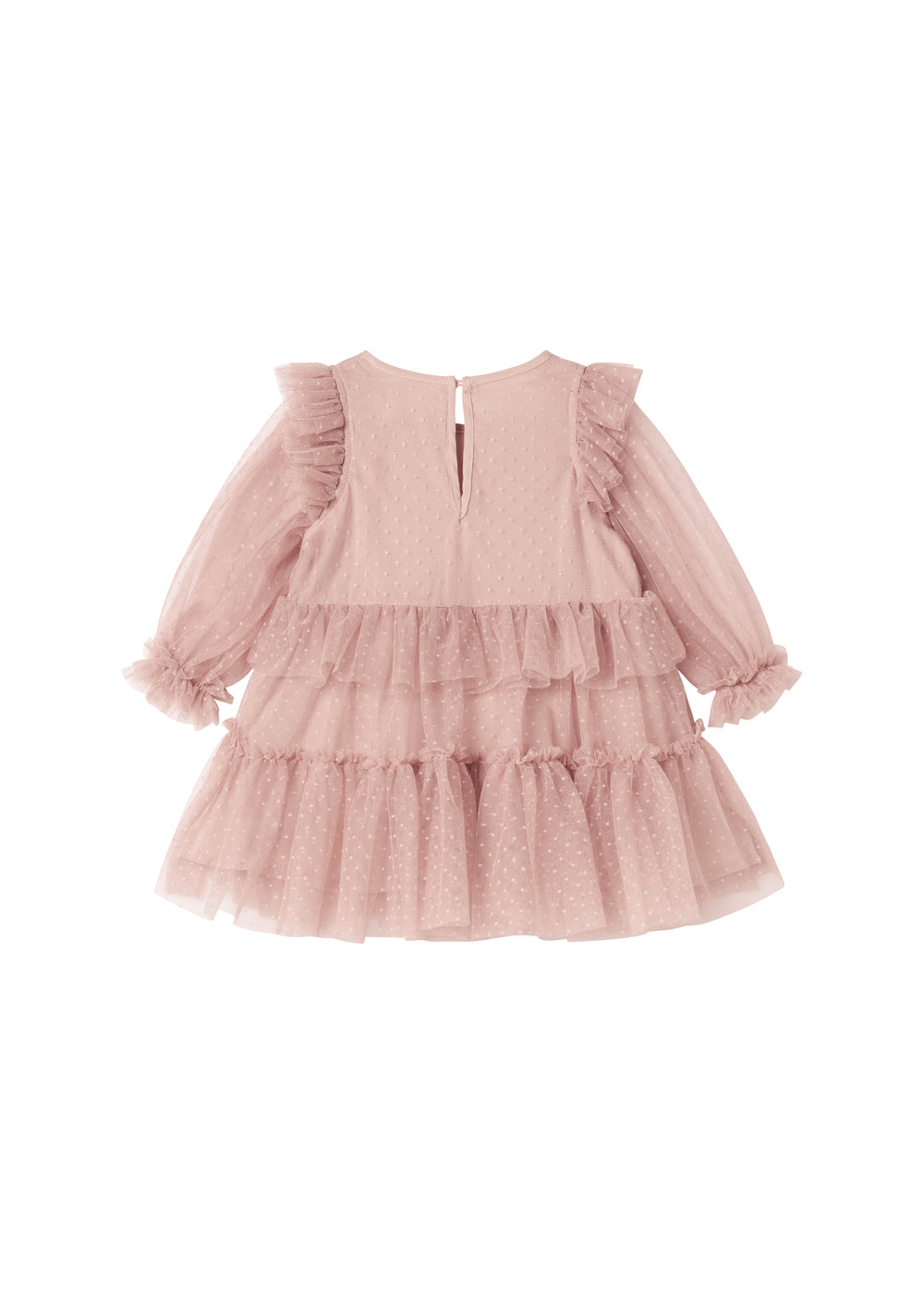 Lyserød tylkjole til børn med lag-på-lag og flæsedetaljer