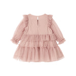 Lyserød tylkjole til børn med lag-på-lag og flæsedetaljer