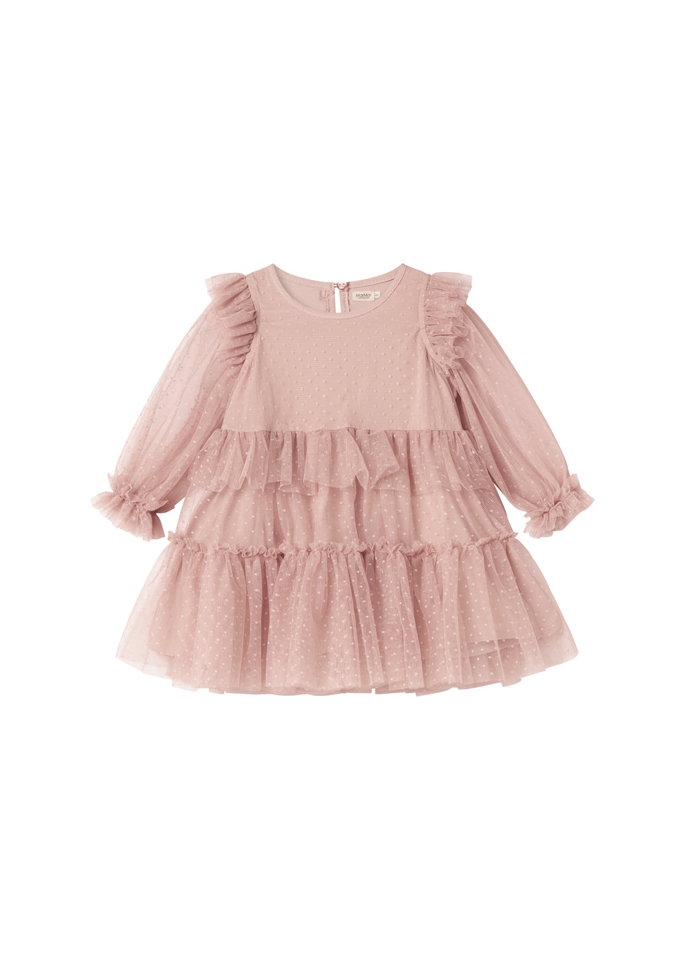 Lyserød tylkjole til børn med lag-på-lag og flæsedetaljer