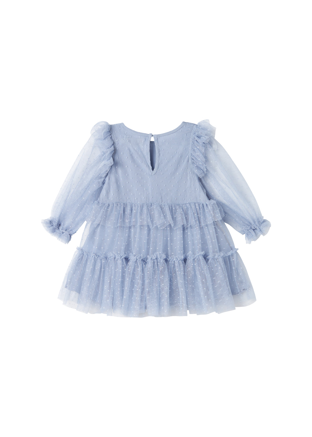 Blå tylkjole til børn med lag-på-lag og flæsedetaljer